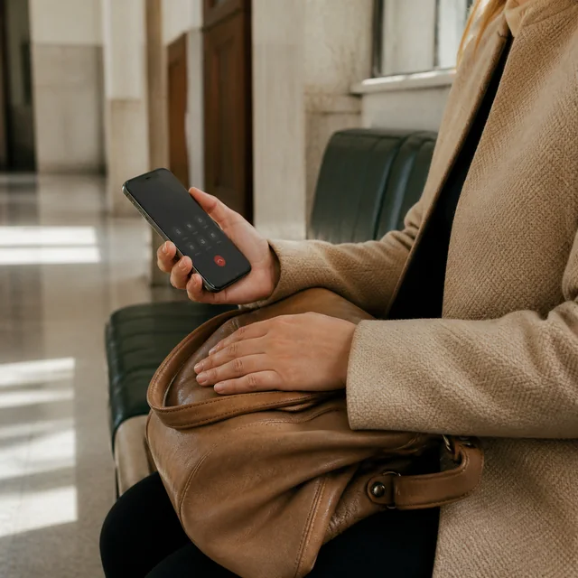 The hands of a relative telephoning for legal help in a waiting area.