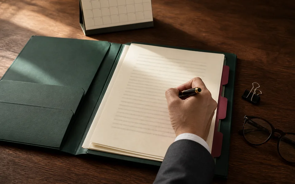 A hand writing in a ruled notebook beside a folder.